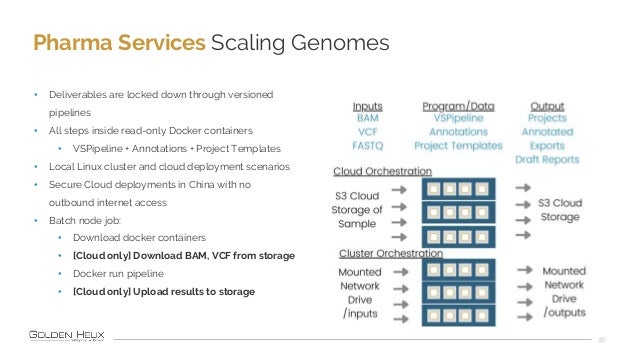 Pharma Services Scaling Genomes
28
• Deliverables are locked down through versioned
pipelines
• All steps inside read-only...