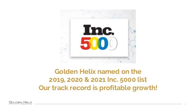 Golden Helix named on the
2019, 2020 & 2021 Inc. 5000 list
Our track record is profitable growth!
4
 