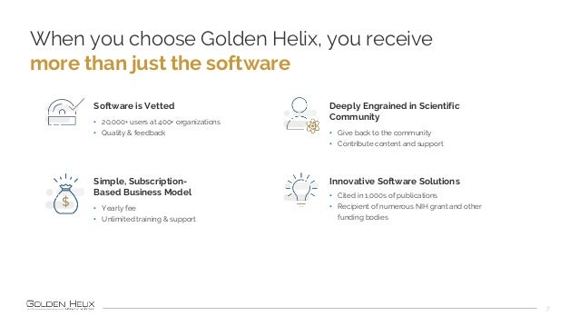 When you choose Golden Helix, you receive
more than just the software
7
Software is Vetted
• 20,000+ users at 400+ organiz...