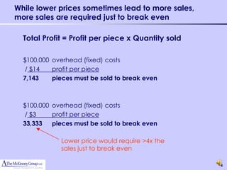 While lower prices sometimes lead to more sales,
more sales are required just to break even

  Total Profit = Profit per piece x Quantity sold

  $100,000 overhead (fixed) costs
  / $14    profit per piece
  7,143    pieces must be sold to break even



  $100,000 overhead (fixed) costs
  / $3     profit per piece
  33,333   pieces must be sold to break even

             Lower price would require >4x the
             sales just to break even

                                                    6
 