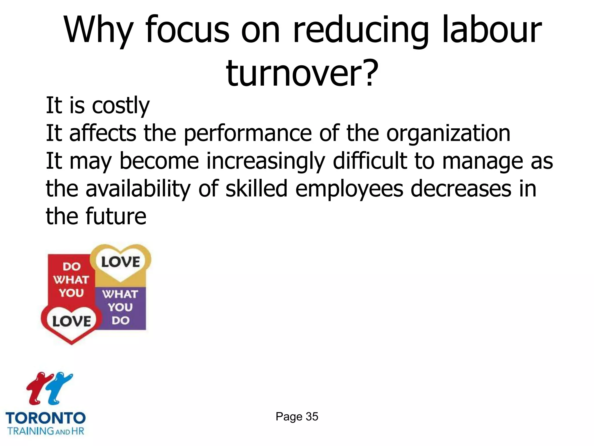 Why focus on reducing labour
          turnover?
It is costly
It affects the performance of the organization
It may become increasingly difficult to manage as
the availability of skilled employees decreases in
the future




                      Page 35
 