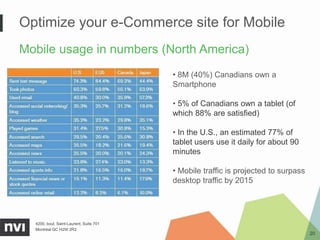 Optimize your e-Commerce site for Mobile
Mobile usage in numbers (North America)
                                         • 8M (40%) Canadians own a
                                         Smartphone

                                         • 5% of Canadians own a tablet (of
                                         which 88% are satisfied)

                                         • In the U.S., an estimated 77% of
                                         tablet users use it daily for about 90
                                         minutes

                                         • Mobile traffic is projected to surpass
                                         desktop traffic by 2015




  4200, boul. Saint-Laurent, Suite 701
  Montréal QC H2W 2R2
                                                                                    20
 