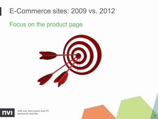 E-Commerce sites: 2009 vs. 2012
Focus on the product page




  4200, boul. Saint-Laurent, Suite 701
  Montréal QC H2W 2R2
                                         8
 