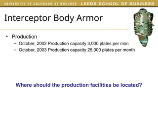 Interceptor Body Armor
• Production
– October, 2002 Production capacity 3,000 plates per month
– October, 2003 Production capacity 25,000 plates per month
Where should the production facilities be located?
 