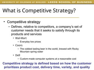 What is Competitive Strategy?
• Competitive strategy
– Defines, relative to competitors, a company’s set of
customer needs that it seeks to satisfy through its
products and services
• Wal-Mart
– Everyday low prices
• Coors
– The coldest tasting beer in the world, brewed with Rocky
Mountain spring water
• Dell
– Custom-made computer systems at a reasonable cost
Competitive strategy is defined based on how the customer
prioritizes product cost, delivery time, variety, and quality
 