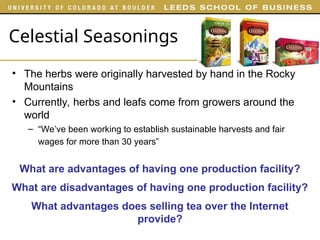 Celestial Seasonings
• The herbs were originally harvested by hand in the Rocky
Mountains
• Currently, herbs and leafs come from growers around the
world
– “We’ve been working to establish sustainable harvests and fair
wages for more than 30 years”
What advantages does selling tea over the Internet
provide?
What are advantages of having one production facility?
What are disadvantages of having one production facility?
 