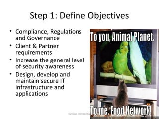 Step 1: Define Objectives
• Compliance, Regulations
  and Governance
• Client & Partner
  requirements
• Increase the general level
  of security awareness
• Design, develop and
  maintain secure IT
  infrastructure and
  applications

                      Symosis Confidential   17
 