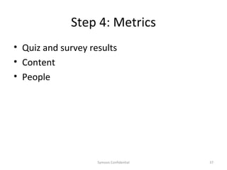 Step 4: Metrics
• Quiz and survey results
• Content
• People




                    Symosis Confidential   37
 