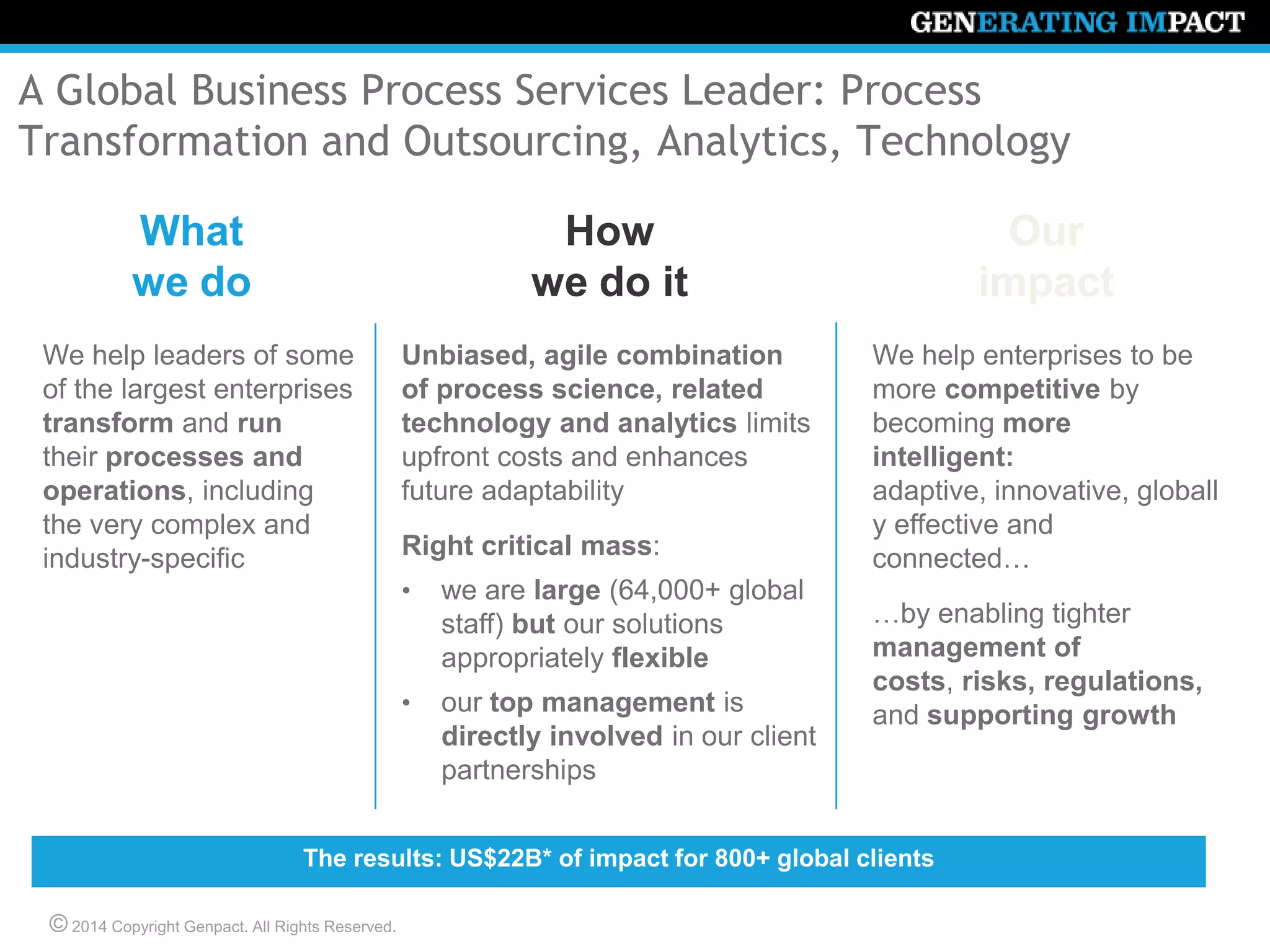 © 2014 Copyright Genpact. All Rights Reserved.
A Global Business Process Services Leader: Process
Transformation and Outsourcing, Analytics, Technology
We help leaders of some
of the largest enterprises
transform and run
their processes and
operations, including
the very complex and
industry-specific
What
we do
Unbiased, agile combination
of process science, related
technology and analytics limits
upfront costs and enhances
future adaptability
Right critical mass:
• we are large (64,000+ global
staff) but our solutions
appropriately flexible
• our top management is
directly involved in our client
partnerships
How
we do it
Our
impact
We help enterprises to be
more competitive by
becoming more
intelligent: adaptive,
innovative, globally
effective and connected…
…by enabling tighter
management of costs,
risks, regulations,
and supporting growth
The results: US$22B* of impact for 800+ global clients
 