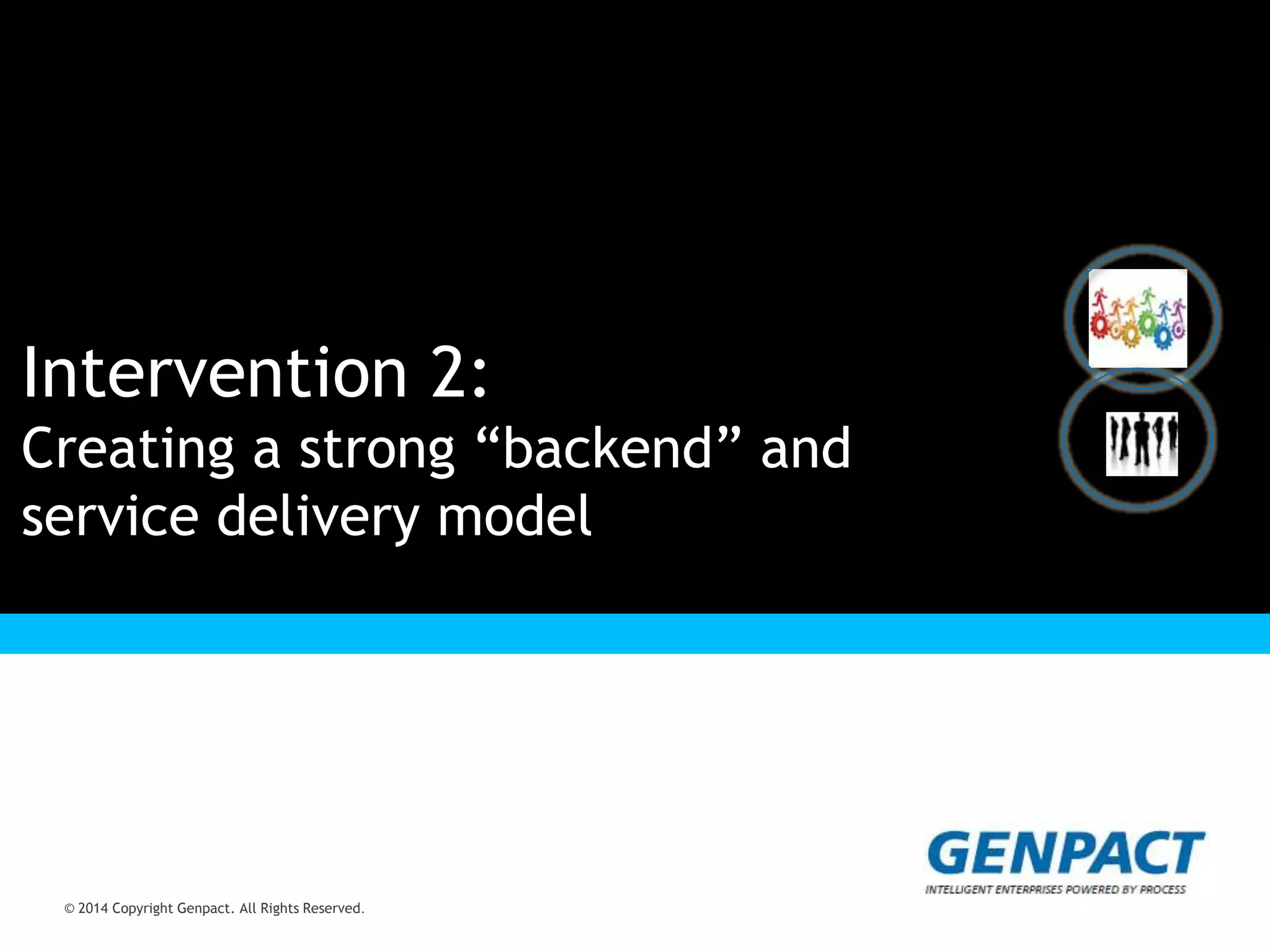© 2014 Copyright Genpact. All Rights Reserved.
Presentation Title Goes Here
© 2014 Copyright Genpact. All Rights Reserved.
Intervention 2:
Creating a strong “backend” and
service delivery model
 
