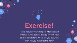 Take a story you’re working on. Pitch it to each
other and write a social media post with your
partner from before. Where ...