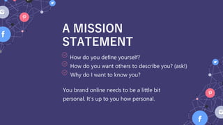 A MISSION
STATEMENT
Why do I want to know you?
How do you define yourself?
How do you want others to describe you? (ask!)
...
