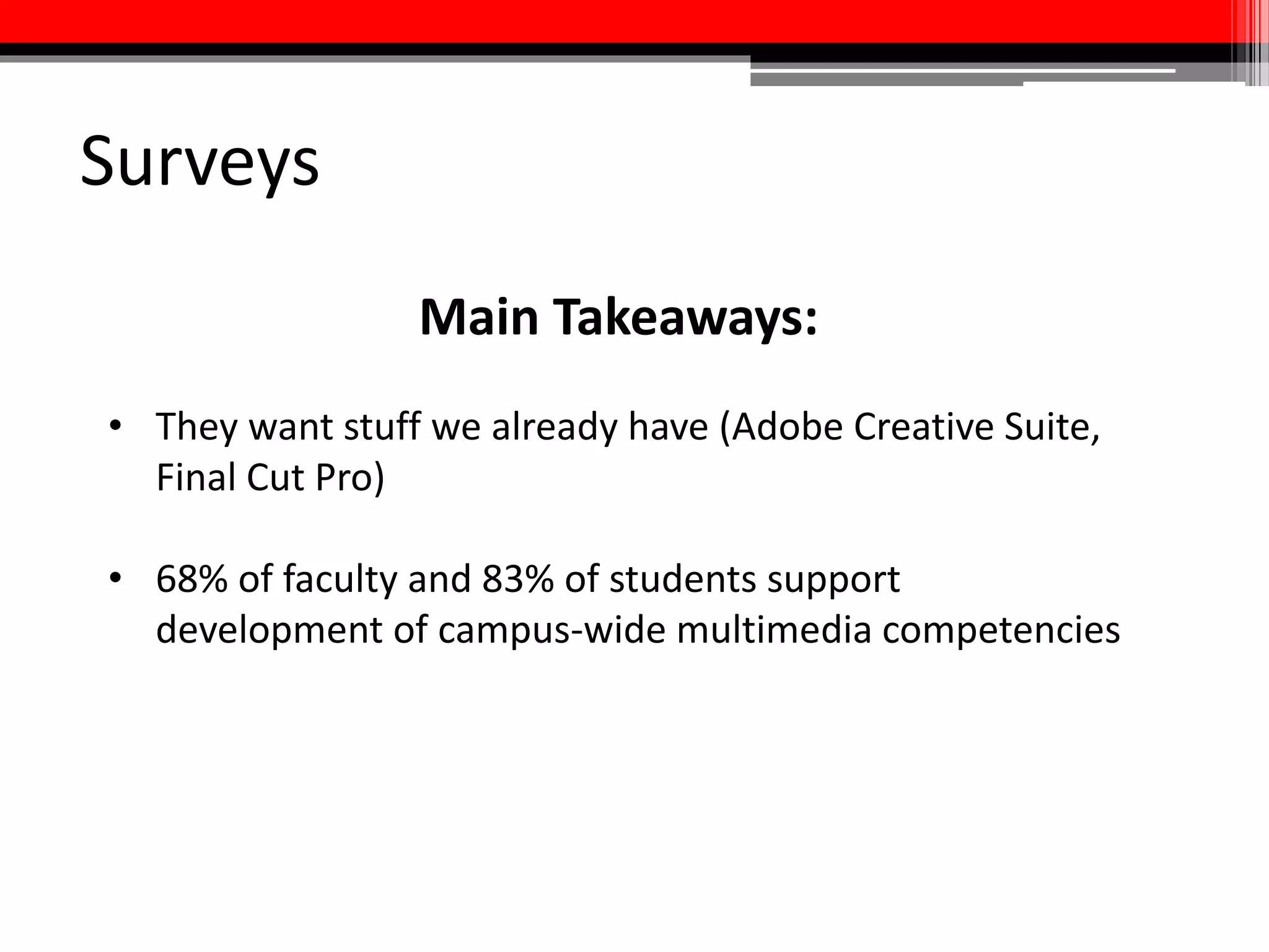 Designing Multimedia
Assignments: Why?
• What is the value added from including
a multimedia component in your class?
• Consider group work
• What are your learning objectives?
• What will your students be able to *do* as a result
of successfully completing this assignment?
 