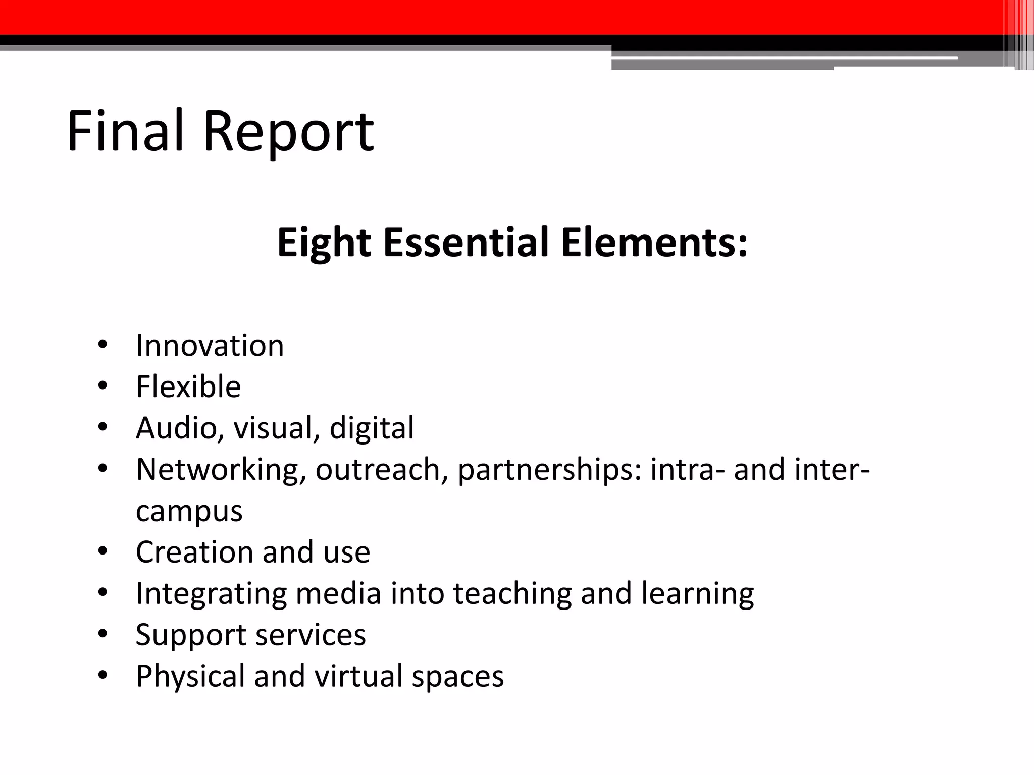 Activity: Designing Multimedia
Assignments
1. Select one of the uses for media or reasons your
students might benefit from exposure to multimedia
production you brainstormed in activity # 1
2. Create learning objectives based on this use or reason
3. Using the considerations we discussed as a framework,
design a multimedia assignment around your learning
objectives
Working with your table:
 