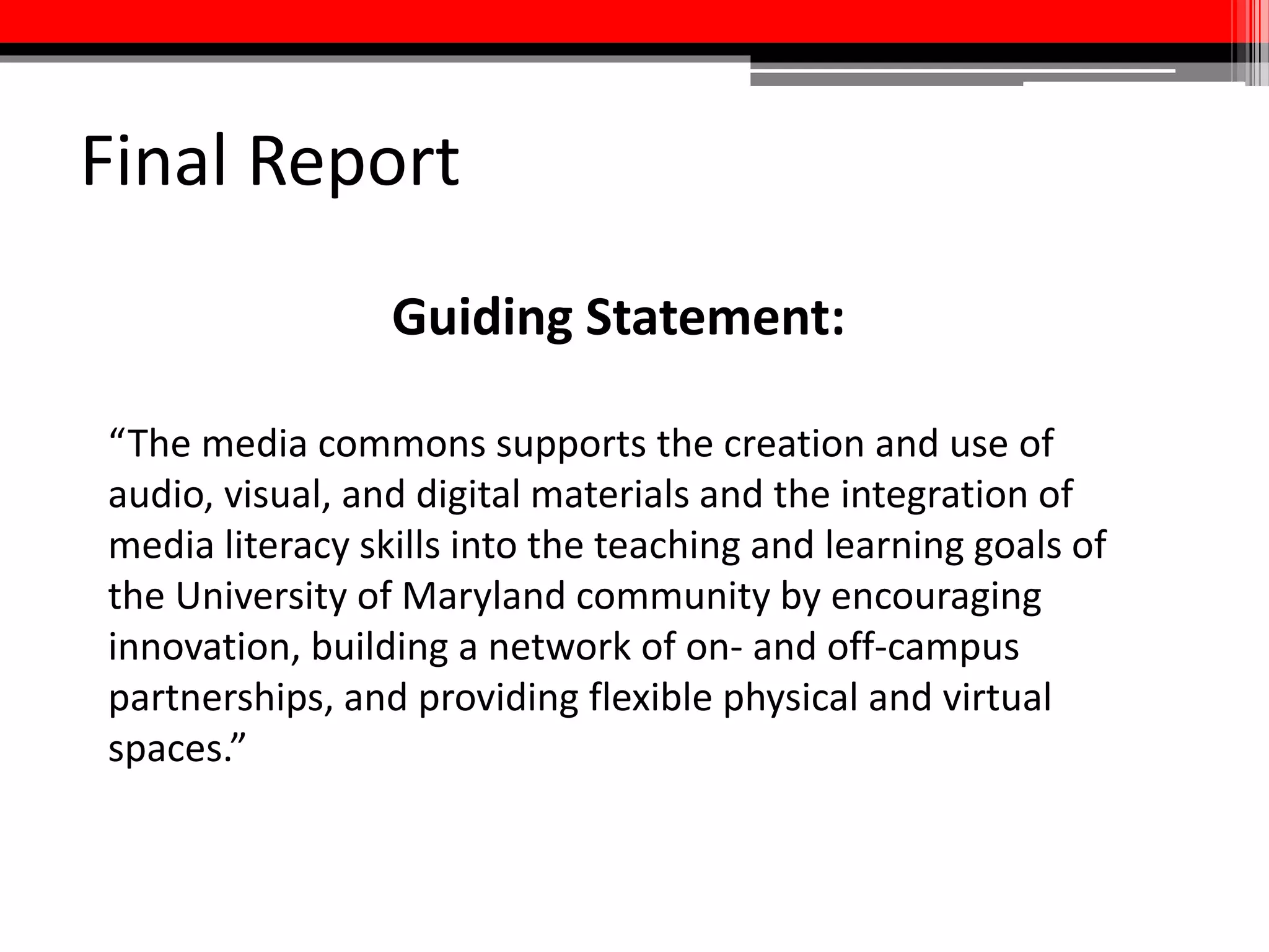 Activity: Design a Multimedia
Assignment (cont.)
Why?
What will your students be able to *do* as a result of successfully completing this
assignment?
How does a multimedia assignment add additional value to your class?
What?
Define your expectations for what your students’ finished products should look/sound like.
What hardware + software can/must they use? Where will they get it?
What skills do your students need to complete this assignment? How will they acquire them?
Will your students be using pre-existing works? If so, where will they find/how will they access
them?
How?
How much time will you give your students to work? Will you employ scaffolding?
How will you evaluate the assignment?
Where?
Where will your students’ assignments “live” after the semester is over?
Is there any possibility that you will want to use their work yourself?
 