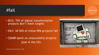 #fail
• BCG: 70% of digital transformation
projects don’t meet targets
• E&Y: 30-50% of initial RPA projects fail
• $260B spent on unsuccessful projects
(just in the US)
Copyright Kemsley Design Ltd., 2022 3
 