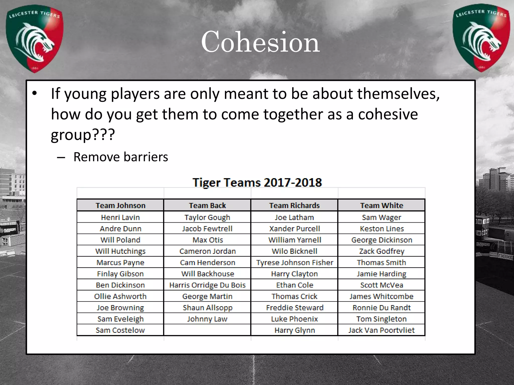 Cohesion
• If young players are only meant to be about themselves,
how do you get them to come together as a cohesive
group???
– Remove barriers
 