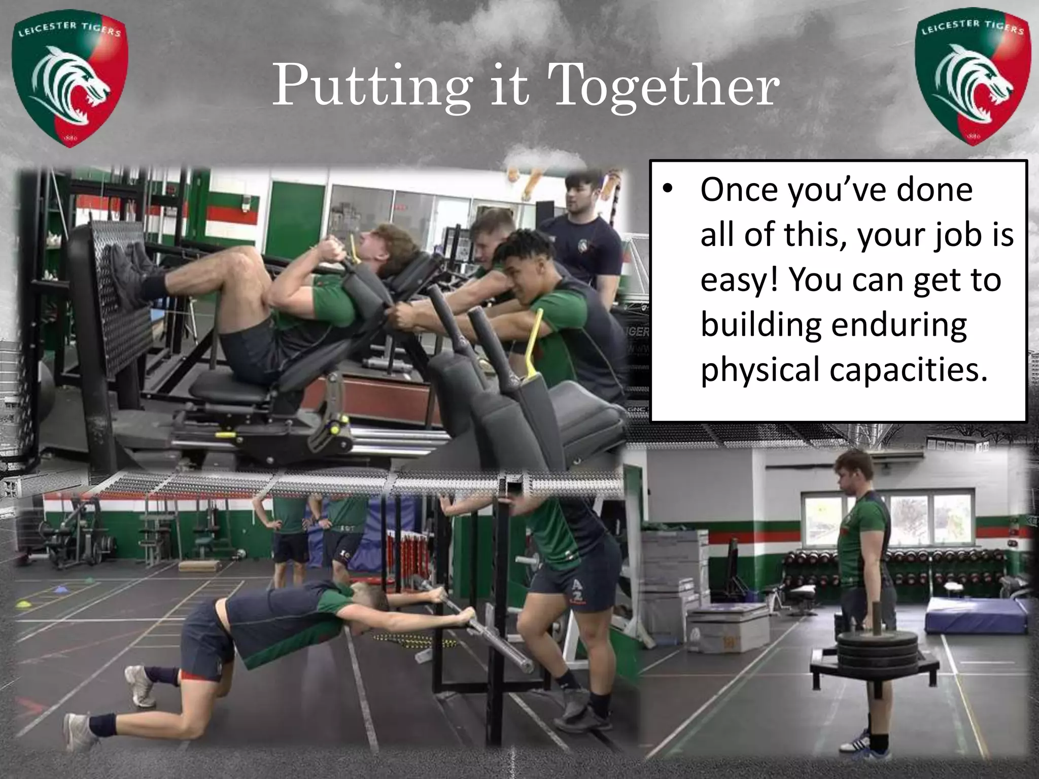 Putting it Together
• Once you’ve done
all of this, your job is
easy! You can get to
building enduring
physical capacities.
 