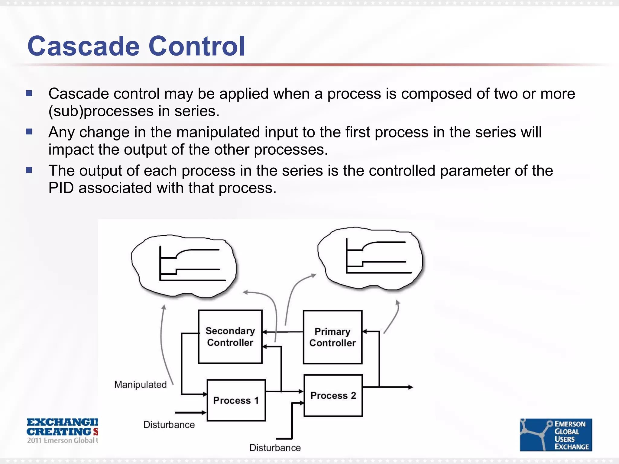 Cascade Control Cascade control may be applied when a process is composed of two or more (sub)processes in series.  Any change in the manipulated input to the first process in the series will impact the output of the other processes.  The output of each process in the series is the controlled parameter of the PID associated with that process. 