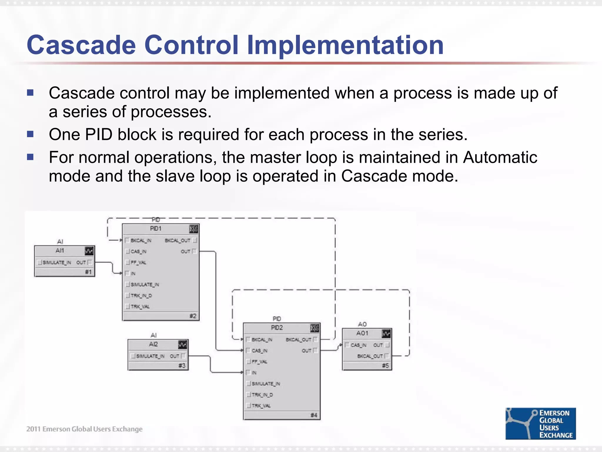 Cascade Control Implementation Cascade control may be implemented when a process is made up of a series of processes.  One PID block is required for each process in the series.  For normal operations, the master loop is maintained in Automatic mode and the slave loop is operated in Cascade mode. 