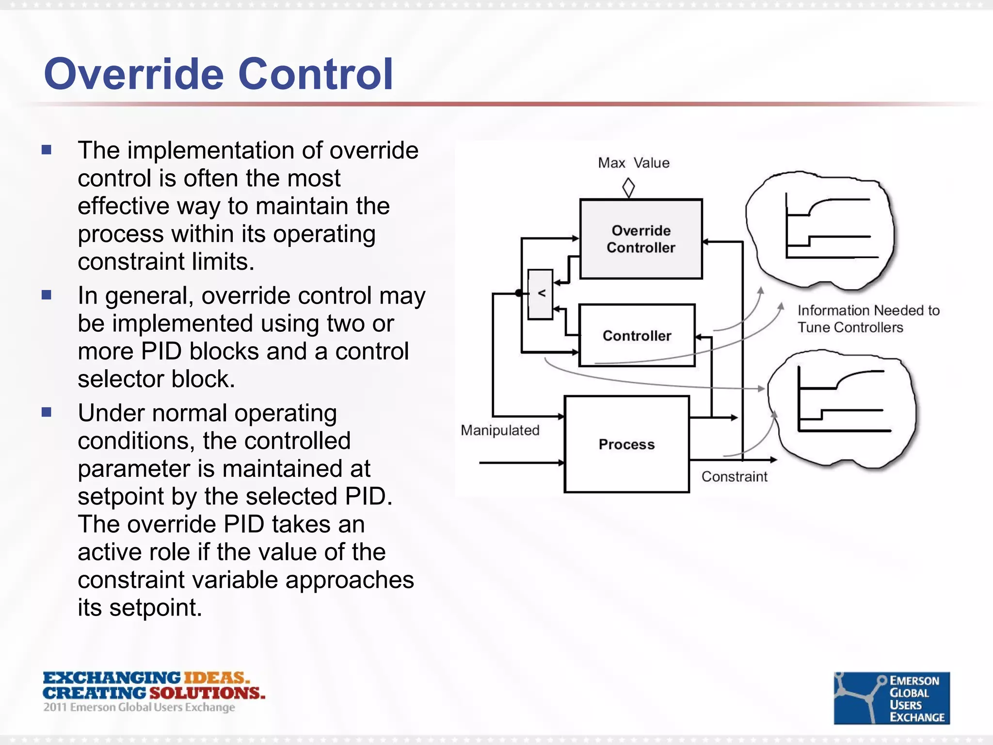 Override Control The implementation of override control is often the most effective way to maintain the process within its operating constraint limits.  In general, override control may be implemented using two or more PID blocks and a control selector block. Under normal operating conditions, the controlled parameter is maintained at setpoint by the selected PID. The override PID takes an active role if the value of the constraint variable approaches its setpoint. 