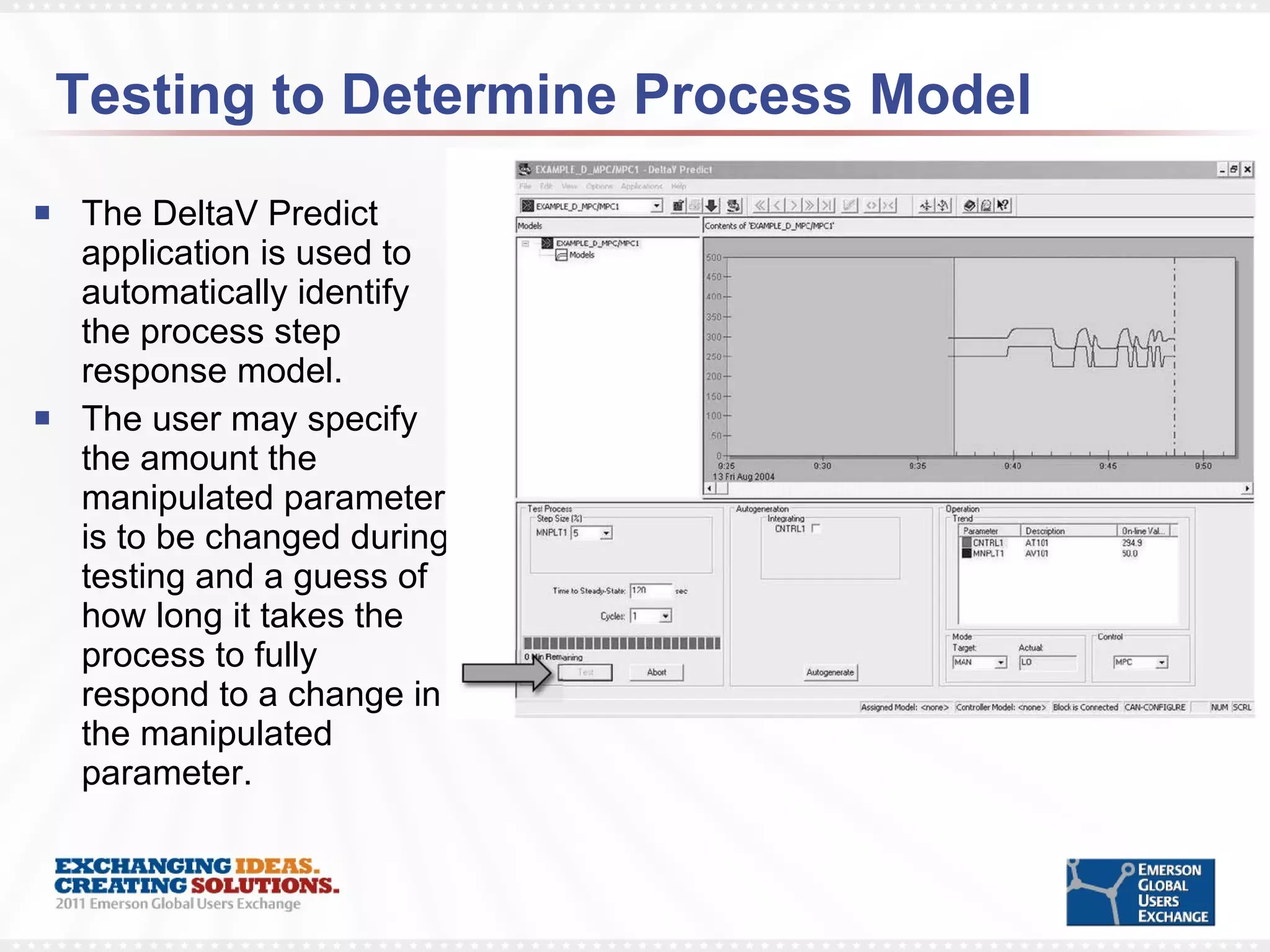Testing to Determine Process Model The DeltaV Predict application is used to automatically identify the process step response model.  The user may specify the amount the manipulated parameter is to be changed during testing and a guess of how long it takes the process to fully respond to a change in the manipulated parameter.  