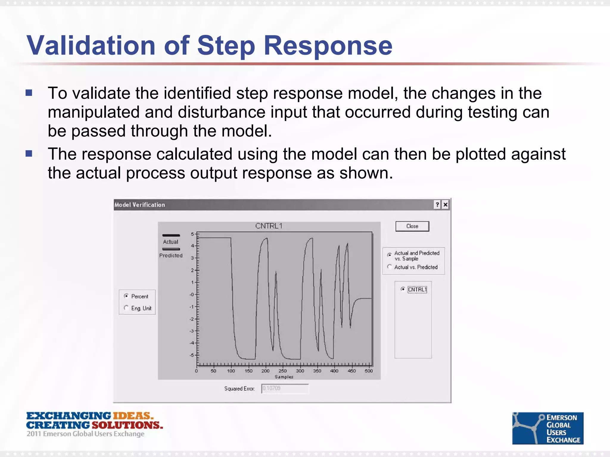 Validation of Step Response To validate the identified step response model, the changes in the manipulated and disturbance input that occurred during testing can be passed through the model.  The response calculated using the model can then be plotted against the actual process output response as shown. 