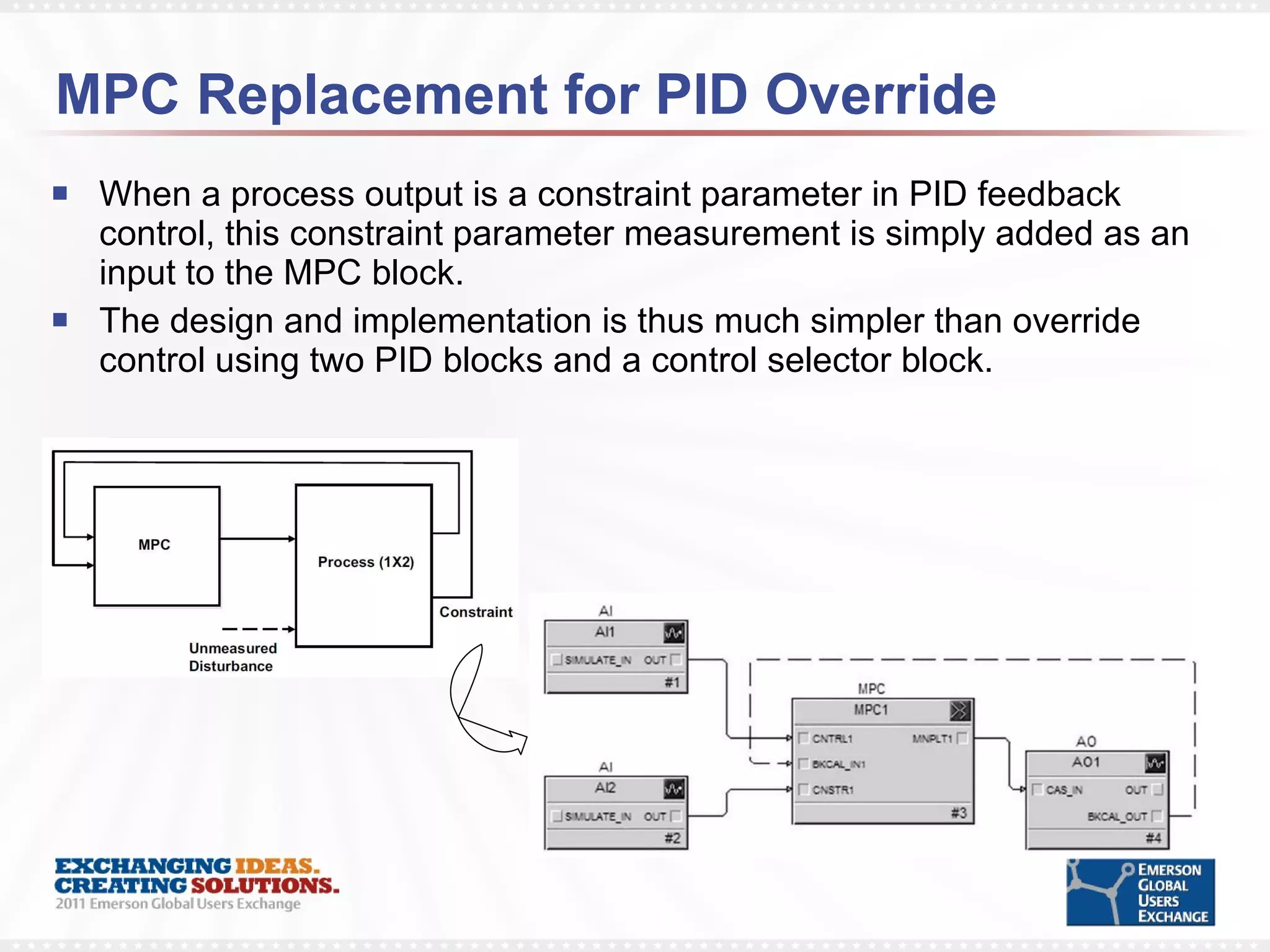 MPC Replacement for PID Override When a process output is a constraint parameter in PID feedback control, this constraint parameter measurement is simply added as an input to the MPC block.  The design and implementation is thus much simpler than override control using two PID blocks and a control selector block. 
