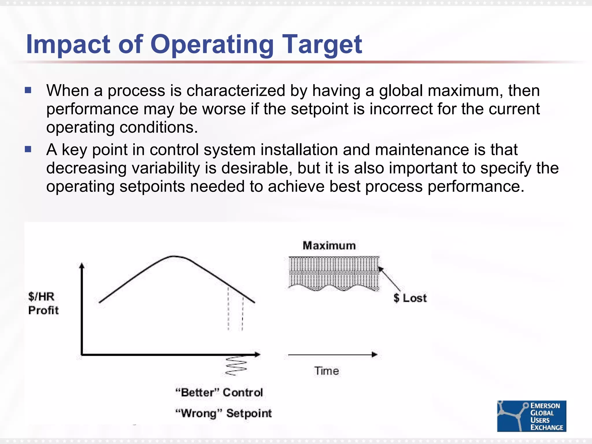 Impact of Operating Target  When a process is characterized by having a global maximum, then performance may be worse if the setpoint is incorrect for the current operating conditions. A key point in control system installation and maintenance is that decreasing variability is desirable, but it is also important to specify the operating setpoints needed to achieve best process performance. 