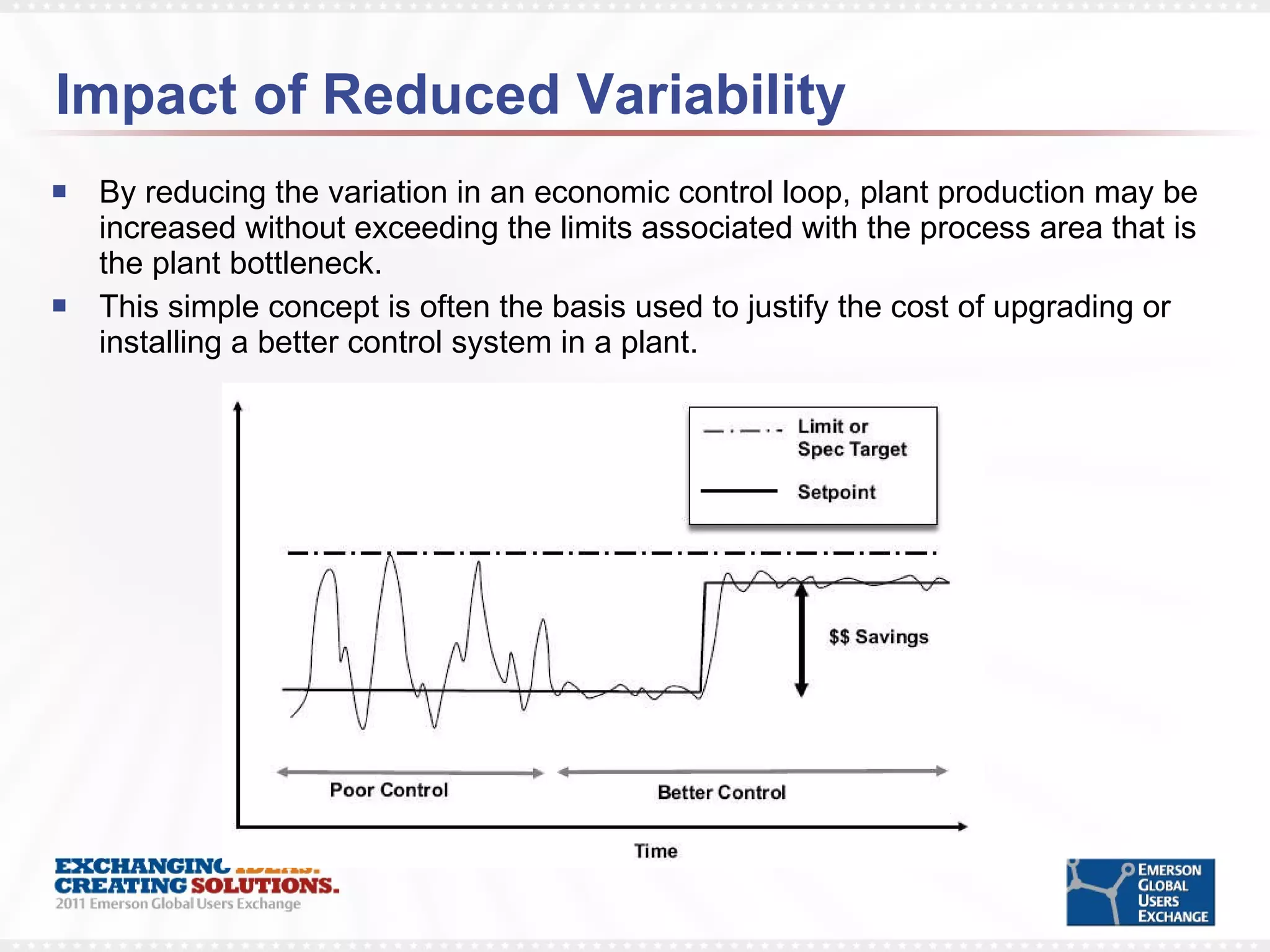 Impact of Reduced Variability By reducing the variation in an economic control loop, plant production may be increased without exceeding the limits associated with the process area that is the plant bottleneck.  This simple concept is often the basis used to justify the cost of upgrading or installing a better control system in a plant. 