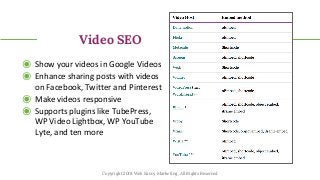 Video SEO
◉ Show your videos in Google Videos
◉ Enhance sharing posts with videos
on Facebook, Twitter and Pinterest
◉ Mak...