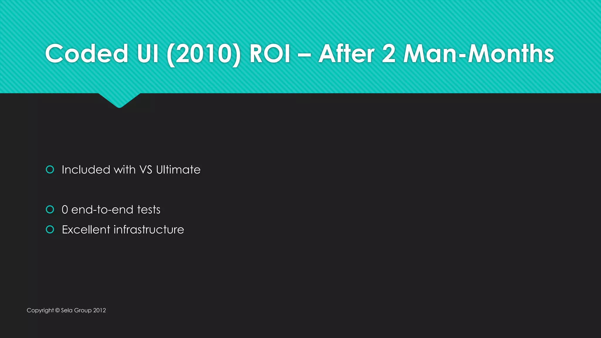 Coded UI (2010) ROI – After 2 Man-Months  Included with VS Ultimate  0 end-to-end tests  Excellent infrastructure Copyright © Sela Group 2012 