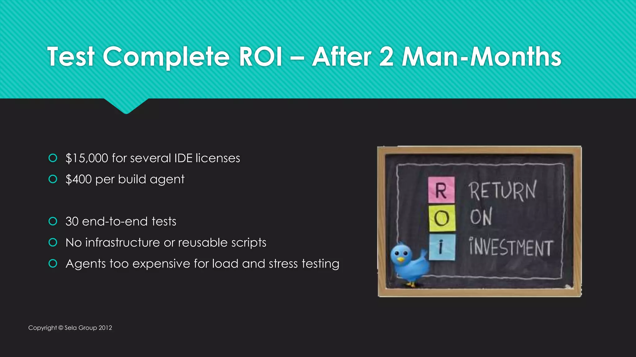 Test Complete ROI – After 2 Man-Months  $15,000 for several IDE licenses  $400 per build agent  30 end-to-end tests  No infrastructure or reusable scripts  Agents too expensive for load and stress testing Copyright © Sela Group 2012 