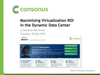 Maximizing Virtualization ROI in the Dynamic Data Center A Consonus Web Event Thursday, 20 May 2010 