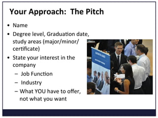 Your	
  Approach:	
  	
  The	
  Pitch	
  
•  Name	
  
•  Degree	
  level,	
  GraduaKon	
  date,	
  
study	
  areas	
  (major/minor/
cerKﬁcate)	
  
•  State	
  your	
  interest	
  in	
  the	
  
company	
  
–  	
  Job	
  FuncKon	
  
–  	
  Industry	
  
–  What	
  YOU	
  have	
  to	
  oﬀer,	
  
not	
  what	
  you	
  want	
  
 