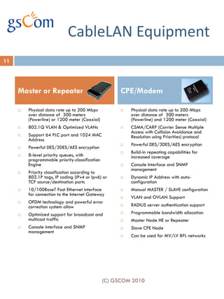 CableLAN Equipment
11




     Master or Repeater                               CPE/Modem

        Physical data rate up to 200 Mbps               Physical data rate up to 200 Mbps
         over distance of 300 meters                      over distance of 300 meters
         (Powerline) or 1200 meter (Coaxial)              (Powerline) and 1200 meter (Coaxial)
        802.1Q VLAN & Optimized VLANs                   CSMA/CARP (Carrier Sense Multiple
                                                          Access with Collision Avoidance and
        Support 64 PLC port and 1024 MAC                 Resolution using Priorities) protocol
         Address
                                                         Powerful DES/3DES/AES encryption
        Powerful DES/3DES/AES encryption
                                                         Build-in repeating capabilities for
        8-level priority queues, with                    increased coverage
         programmable priority-classification
         Engine                                          Console Interface and SNMP
                                                          management
        Priority classification according to
         802.1P tags, IP coding (IPv4 or Ipv6) or        Dynamic IP Address with auto-
         TCP source/destination ports                     configuration
        10/100BaseT Fast Ethernet interface             Manual MASTER / SLAVE configuration
         for connection to the Internet Gateway
                                                         VLAN and OVLAN Support
        OFDM technology and powerful error
         correction system allow                         RADIUS server authentication support
        Optimized support for broadcast and             Programmable bandwidth allocation
         multicast traffic                               Master Node HE or Repeater
        Console interface and SNMP                      Slave CPE Node
         management
                                                         Can be used for MV/LV BPL networks




                                                (C) GSCOM 2010
 