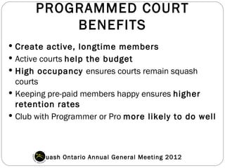 PROGRAMMED COURT
          BENEFITS
 Create active, longtime members
 Active courts help the budget
 High occupancy ensures courts remain squash
  courts
 Keeping pre-paid members happy ensures higher
  retention rates
 Club with Programmer or Pro more likely to do well




       Squash Ontario Annual General Meeting 2012
 