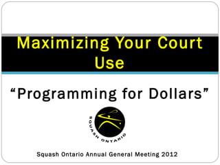 Maximizing Your Cour t
        Use
“Programming for Dollars”


   Squash Ontario Annual General Meeting 2012
 