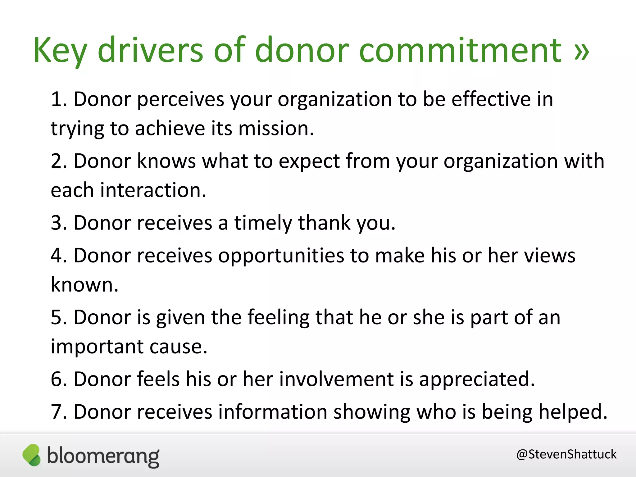 @StevenShattuck
Key drivers of donor commitment »
1. Donor perceives your organization to be effective in
trying to achieve its mission.
2. Donor knows what to expect from your organization with
each interaction.
3. Donor receives a timely thank you.
4. Donor receives opportunities to make his or her views
known.
5. Donor is given the feeling that he or she is part of an
important cause.
6. Donor feels his or her involvement is appreciated.
7. Donor receives information showing who is being helped.
 