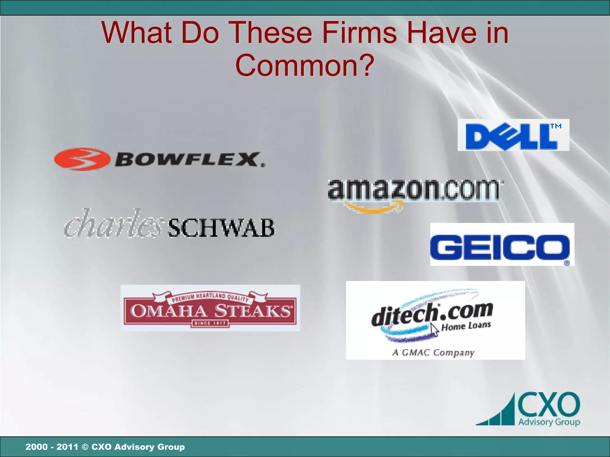 What Do These Firms Have in
                       Common?




2000 - 2011 © CXO Advisory Group
 