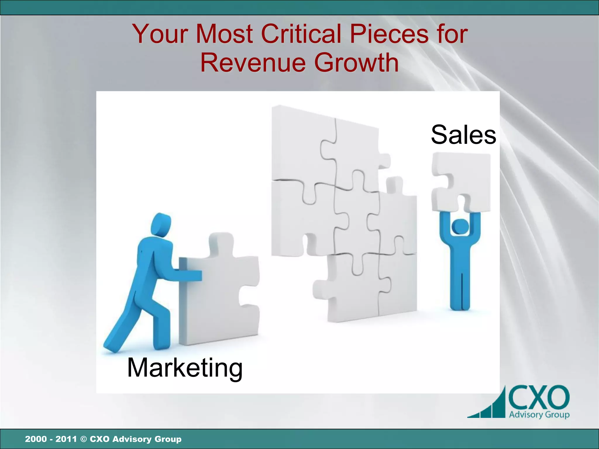 Your Most Critical Pieces for
                          Revenue Growth

                                              Sales




                    Marketing

2000 - 2011 © CXO Advisory Group
 