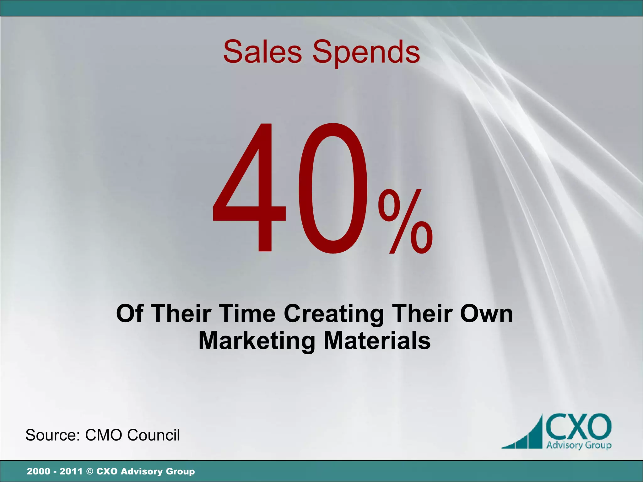 Sales Spends




                                   40%
                Of Their Time Creating Their Own
                      Marketing Materials


Source: CMO Council

2000 - 2011 © CXO Advisory Group
 