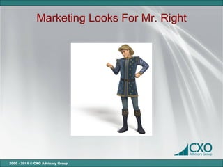 Marketing Looks For Mr. Right




2000 - 2011 © CXO Advisory Group
 