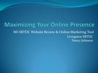 MI-SBTDC Website Review & Online Marketing Tool
                               Livingston SBTDC
                                  Nancy Johnson
 