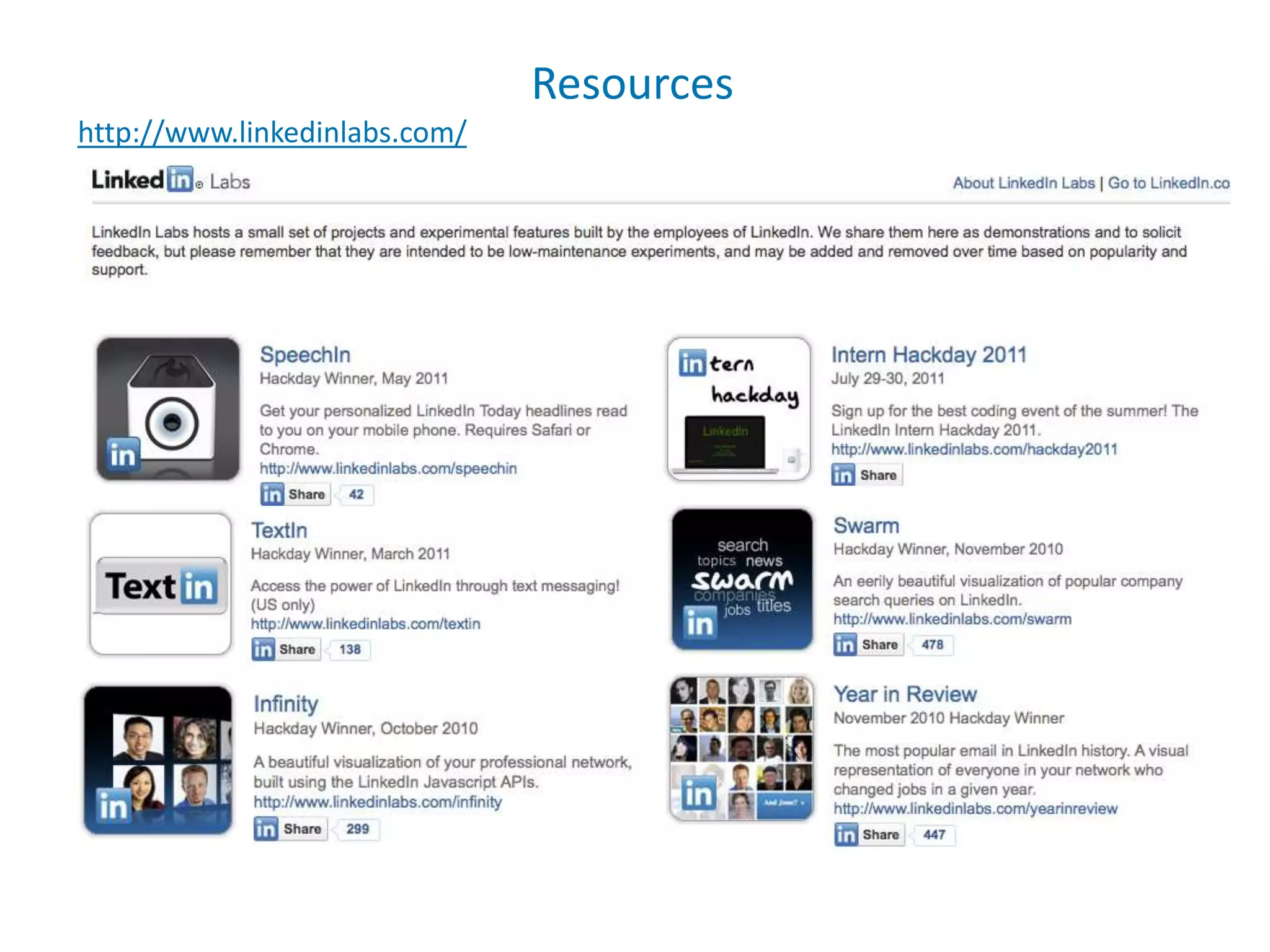 Resources
http://www.linkedinlabs.com/
 