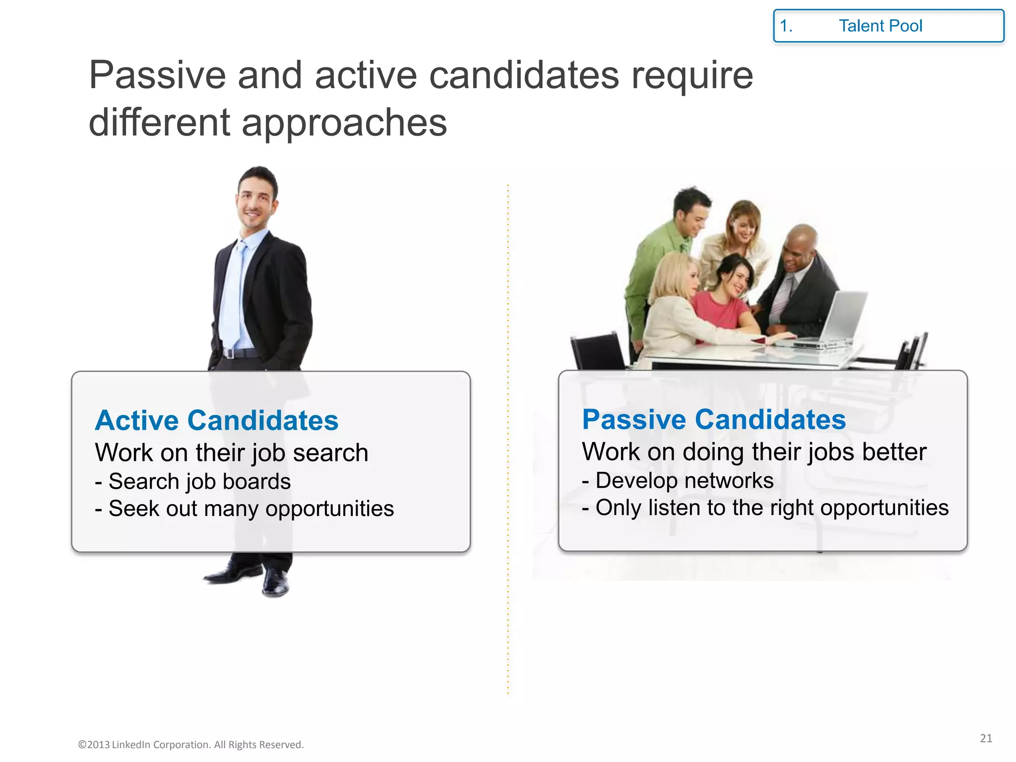 1.    Talent Pool


  Passive and active candidates require
  different approaches




   Active Candidates                               Passive Candidates
   Work on their job search                        Work on doing their jobs better
   - Search job boards                             - Develop networks
   - Seek out many opportunities                   - Only listen to the right opportunities




©2013 LinkedIn Corporation. All Rights Reserved.
                                                                                              21
 