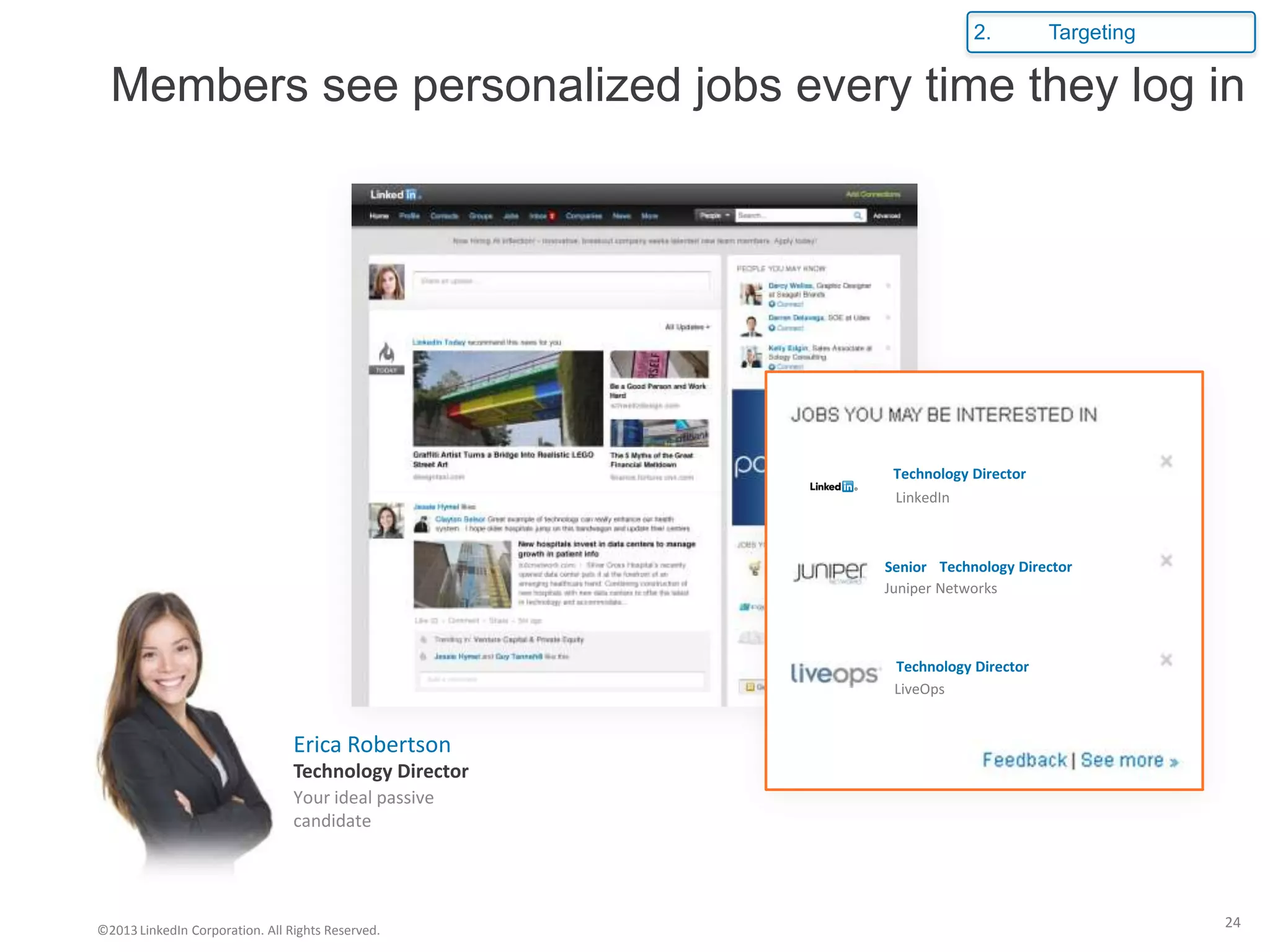 2.         Targeting

  Members see personalized jobs every time they log in




                                                        Technology Director
                                                        LinkedIn



                                                       Senior Technology Director
                                                       Juniper Networks



                                                        Technology Director
                                                        LiveOps


                                 Erica Robertson
                                 Technology Director
                                 Your ideal passive
                                 candidate




©2013 LinkedIn Corporation. All Rights Reserved.
                                                                                          24
 