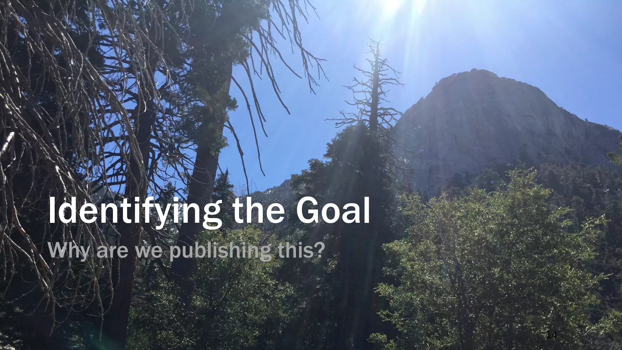 Identifying the Goal
Why are we publishing this?
14	
 