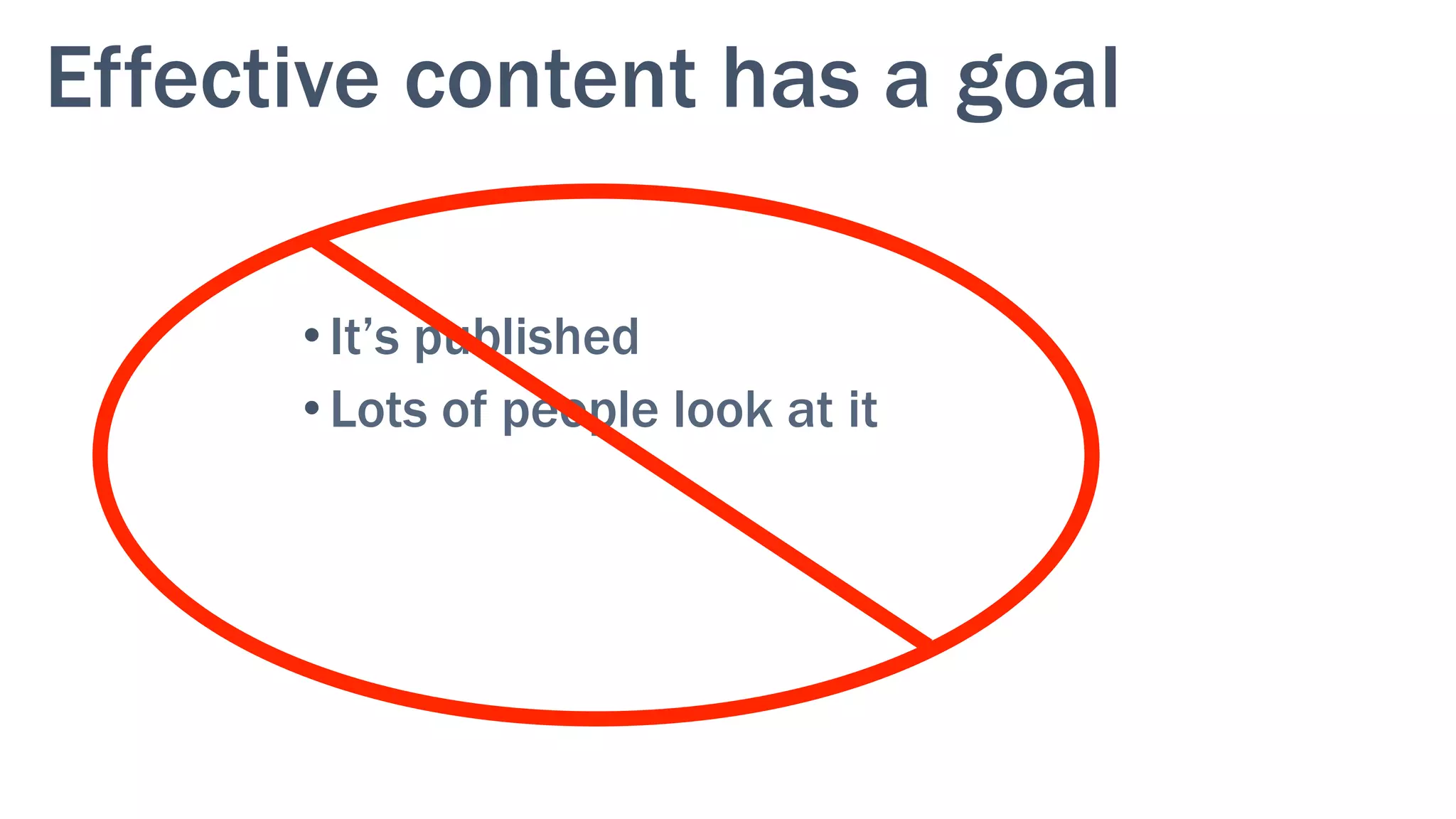 Effective content has a goal
• It’s published
• Lots of people look at it
 