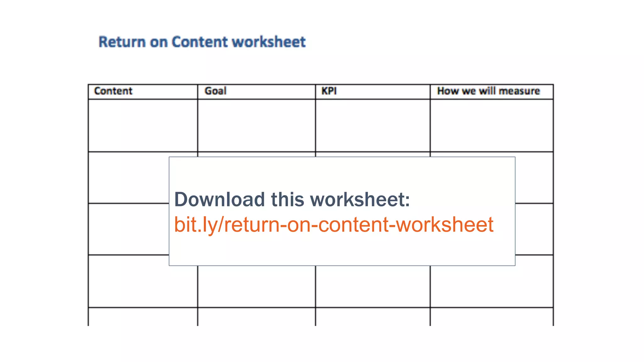 Download this worksheet:
bit.ly/return-on-content-worksheet
 